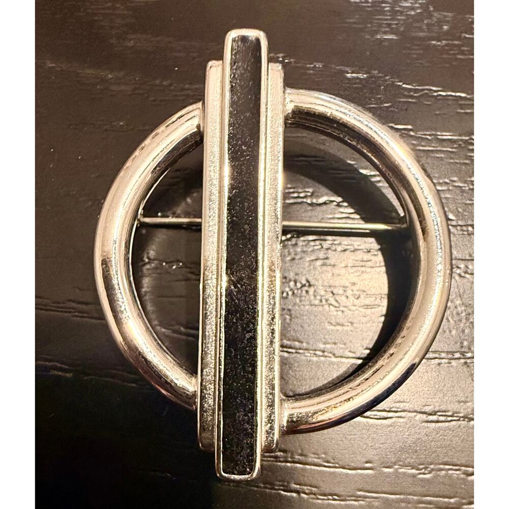 Vintage Signed Monet Silver Tone Modernist Circle Bar Brooch